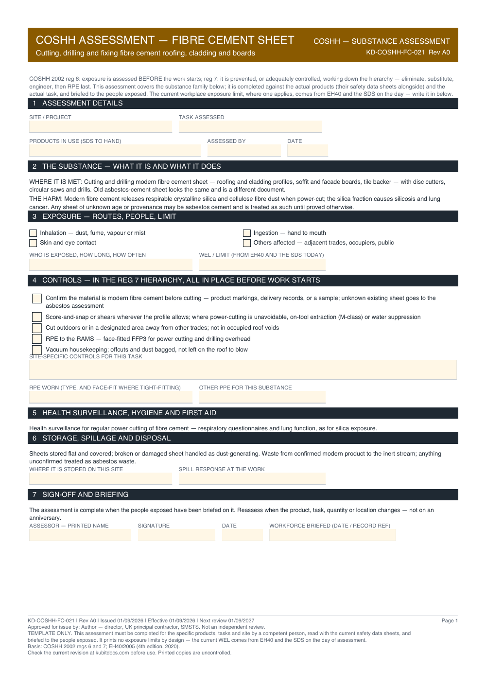 COSHH Assessment — Fibre Cement Sheet — page one