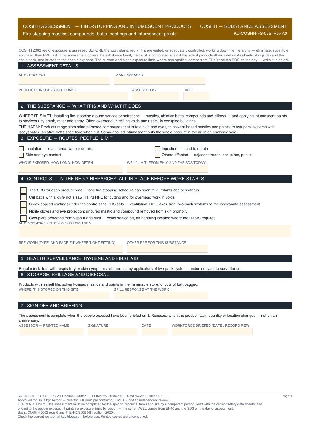 COSHH Assessment — Fire-Stopping and Intumescent Products — page one