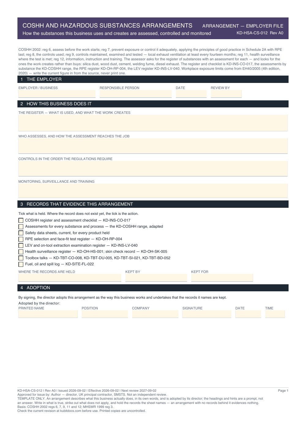COSHH and Hazardous Substances Arrangements — page one