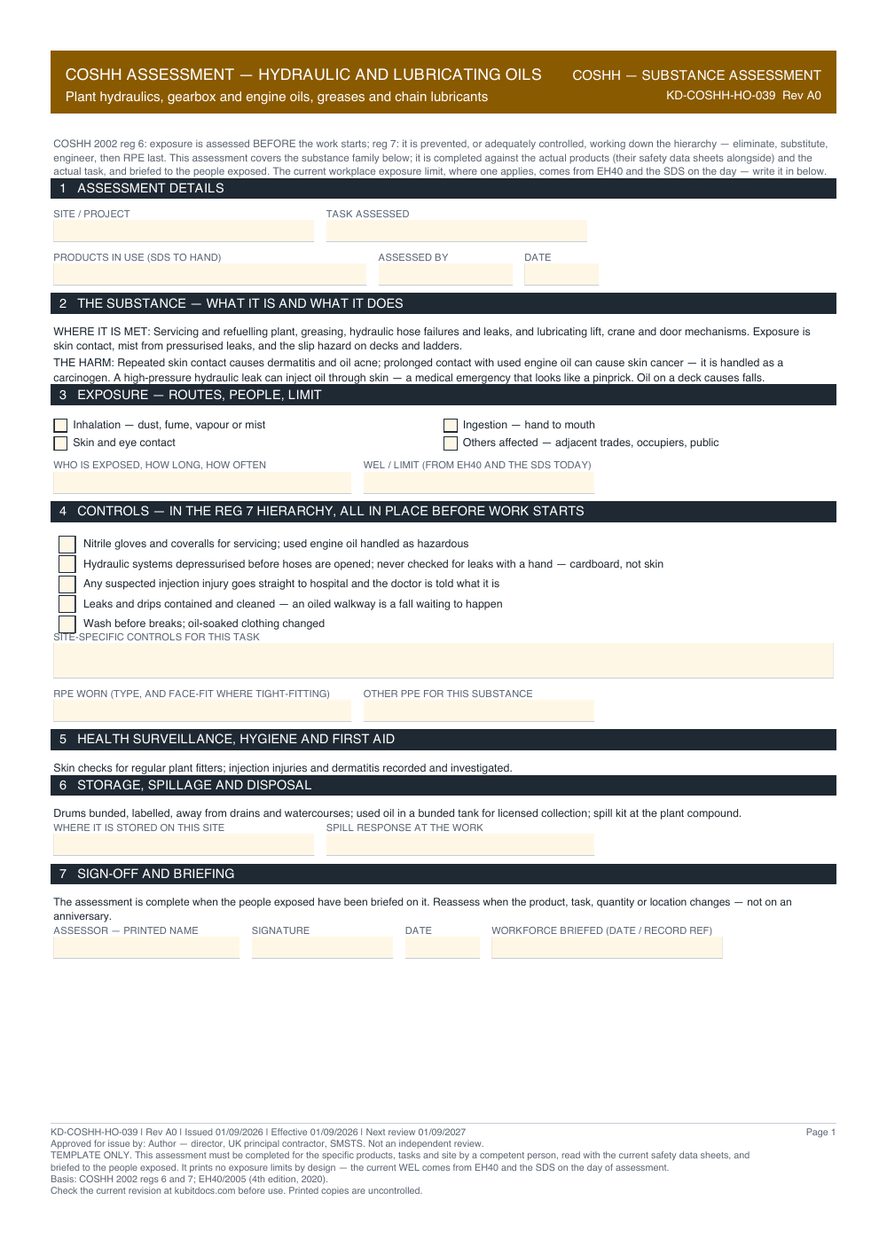 COSHH Assessment — Hydraulic and Lubricating Oils — page one