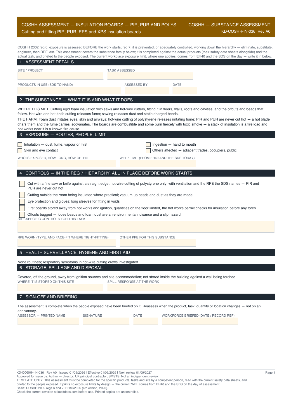 COSHH Assessment — Insulation Boards — PIR, PUR and Polystyrene — page one