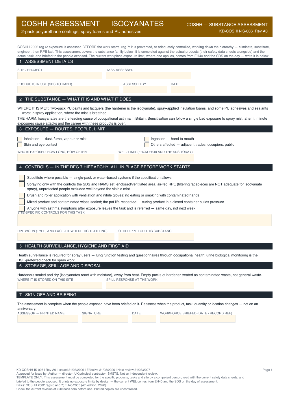 COSHH Assessment — Isocyanates — page one