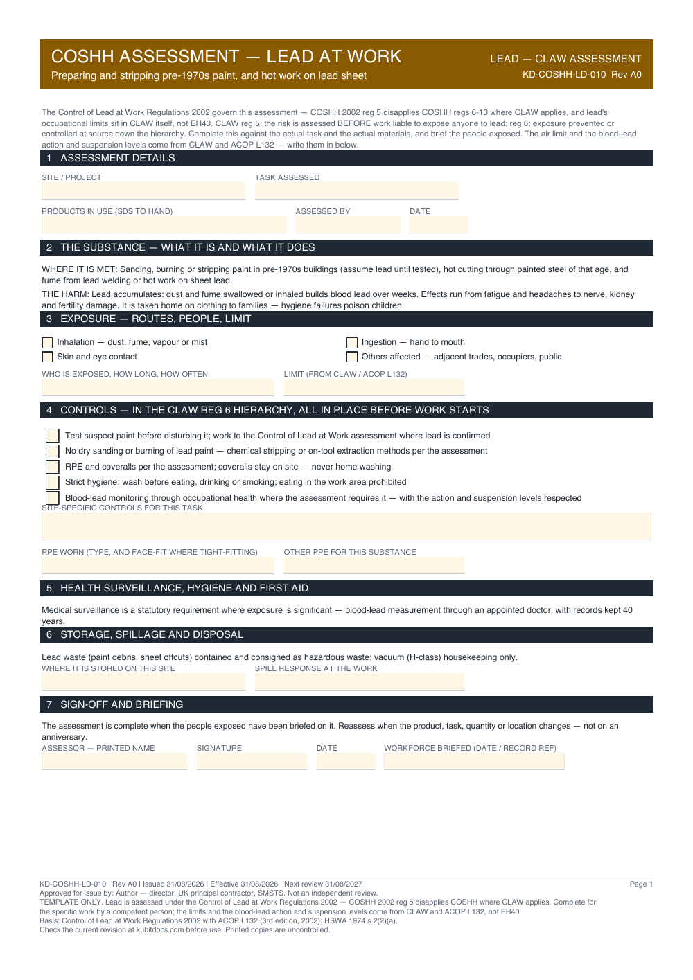 COSHH Assessment — Lead at Work — page one