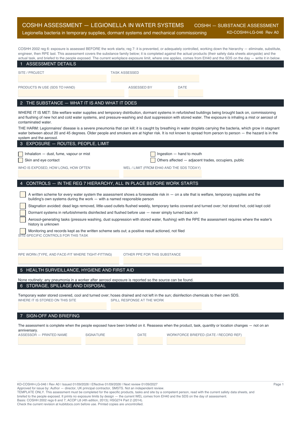 COSHH Assessment — Legionella in Water Systems — page one