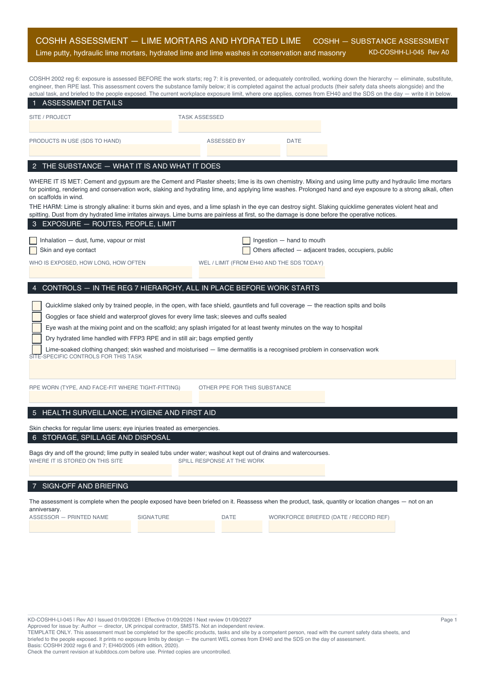 COSHH Assessment — Lime Mortars and Hydrated Lime — page one