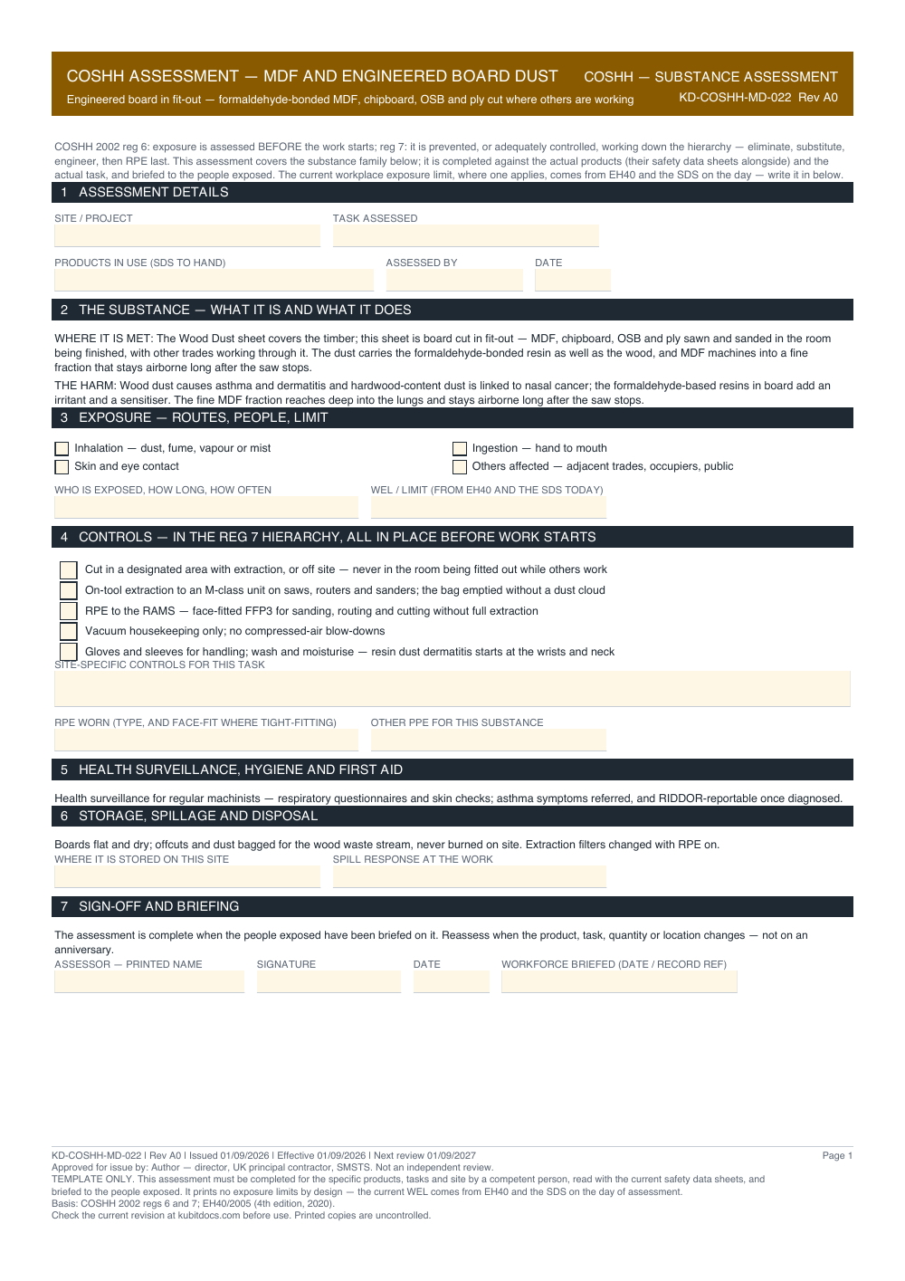 COSHH Assessment — MDF and Engineered Board Dust — page one