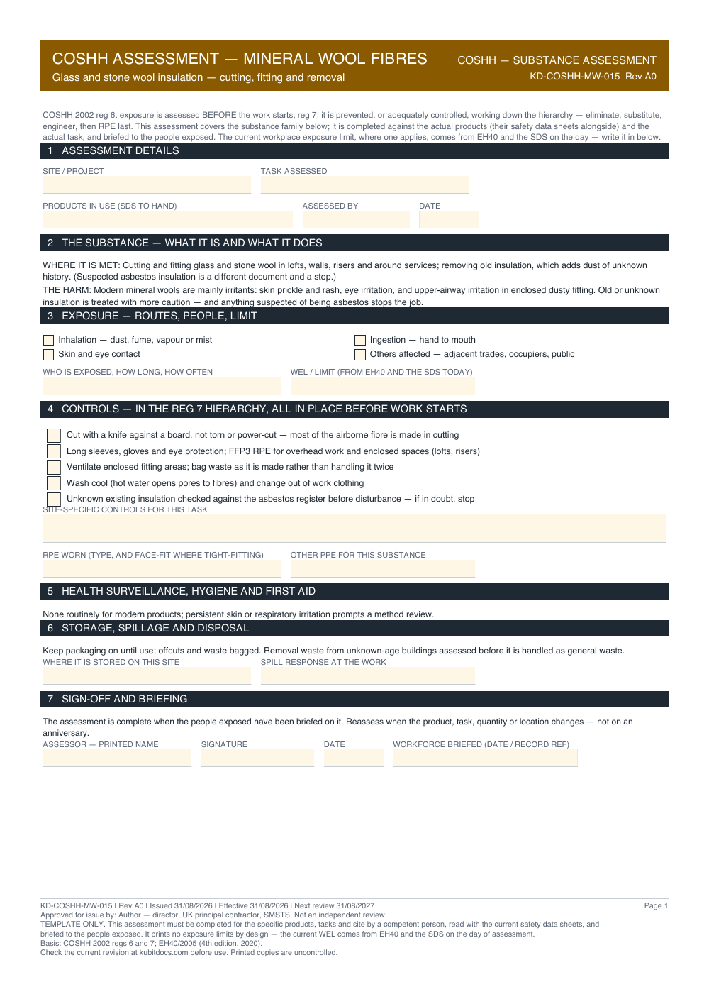 COSHH Assessment — Mineral Wool Fibres — page one