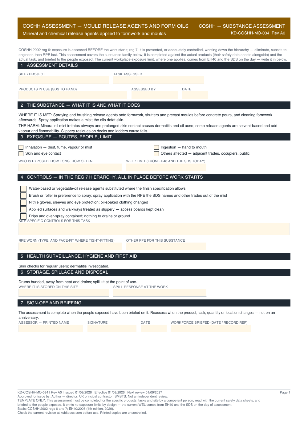 COSHH Assessment — Mould Release Agents and Form Oils — page one