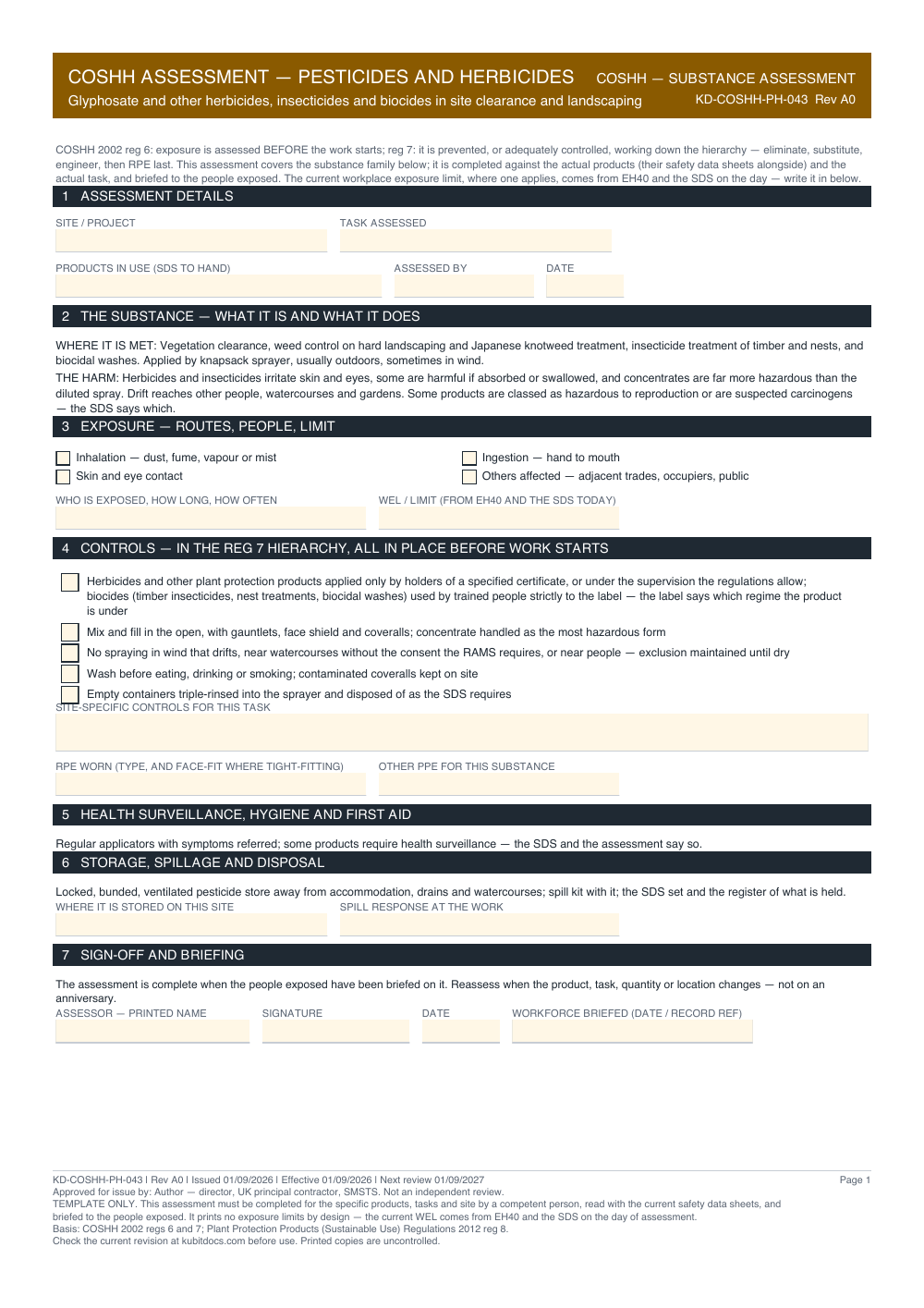 COSHH Assessment — Pesticides and Herbicides — page one
