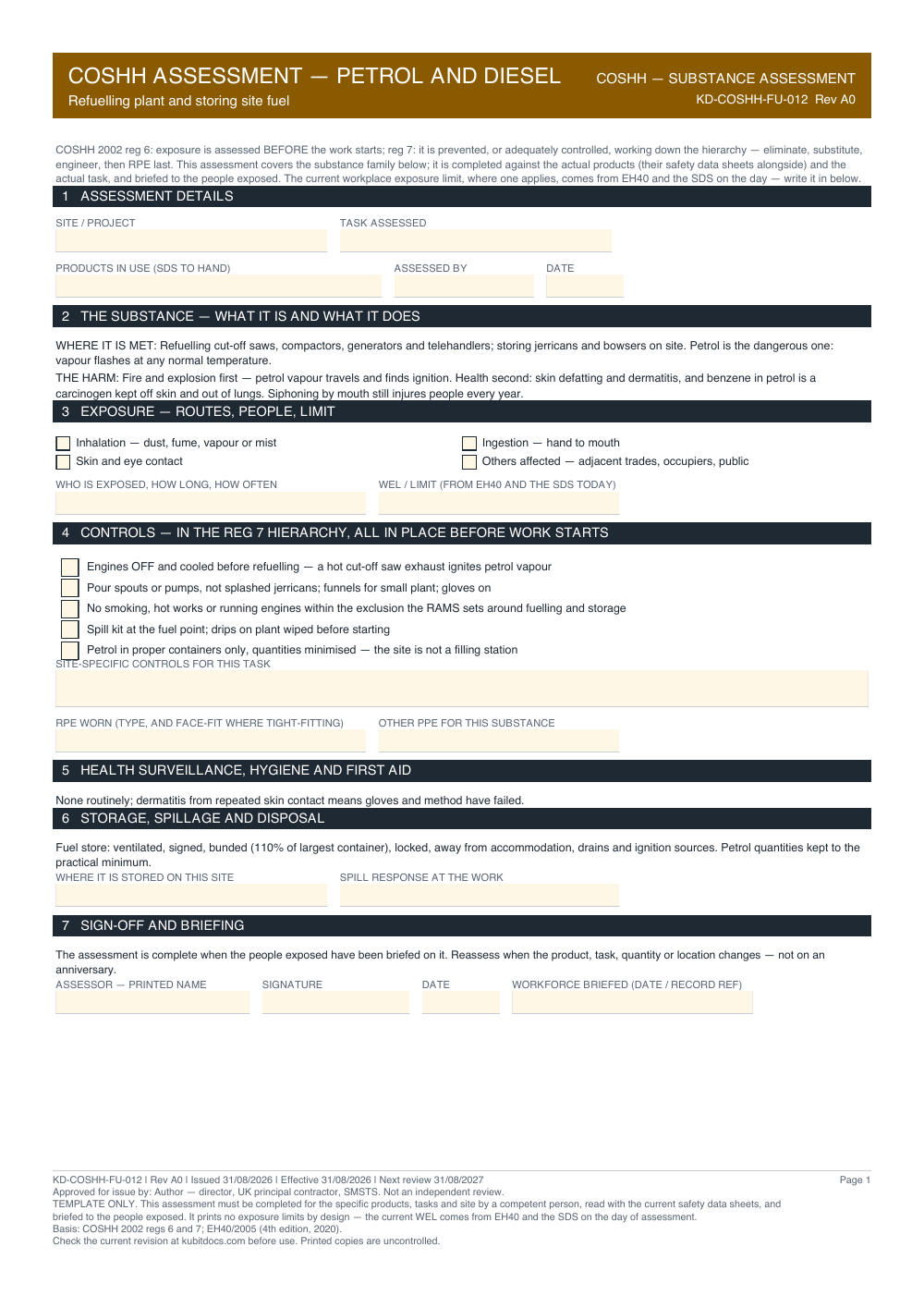 COSHH Assessment — Petrol and Diesel — page one