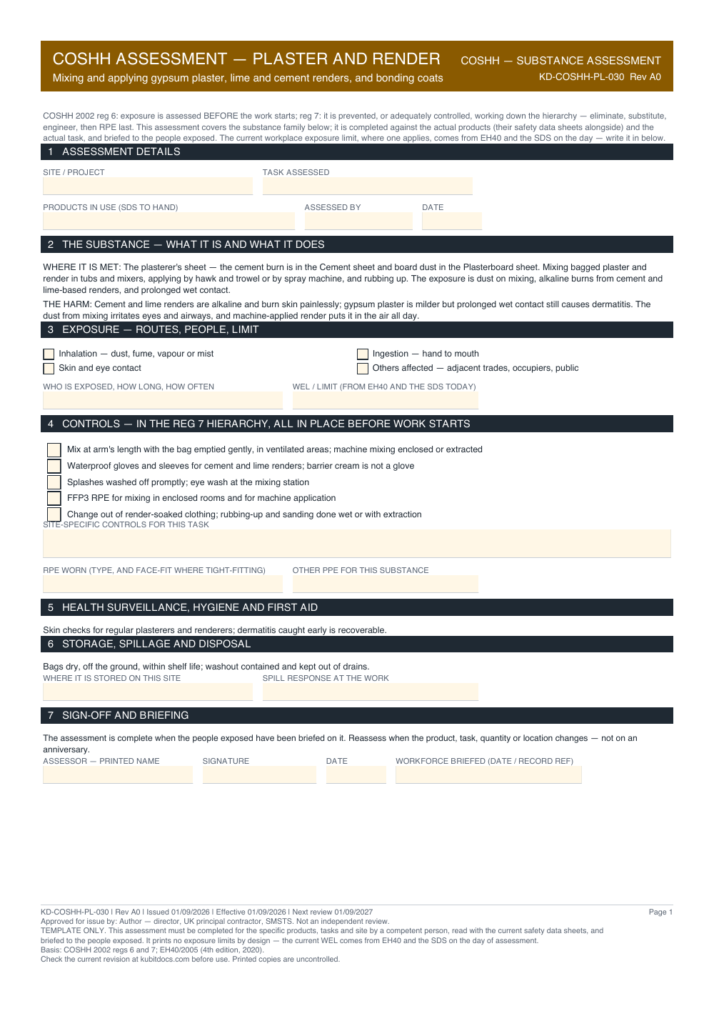 COSHH Assessment — Plaster and Render — page one