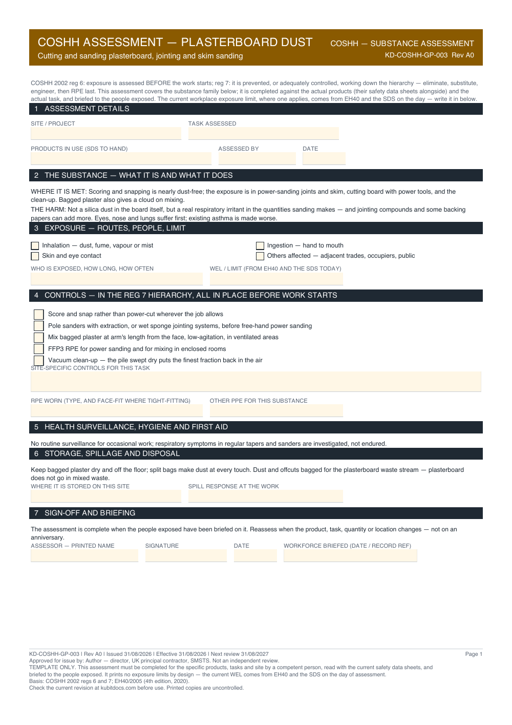 COSHH Assessment — Plasterboard Dust — page one