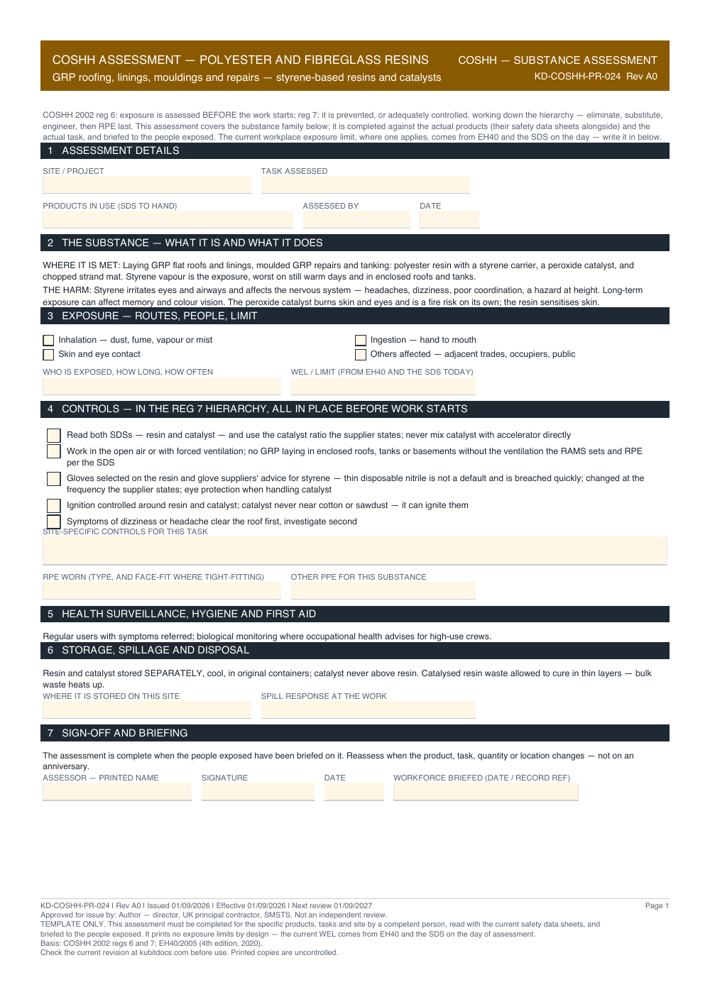 COSHH Assessment — Polyester and Fibreglass Resins — page one