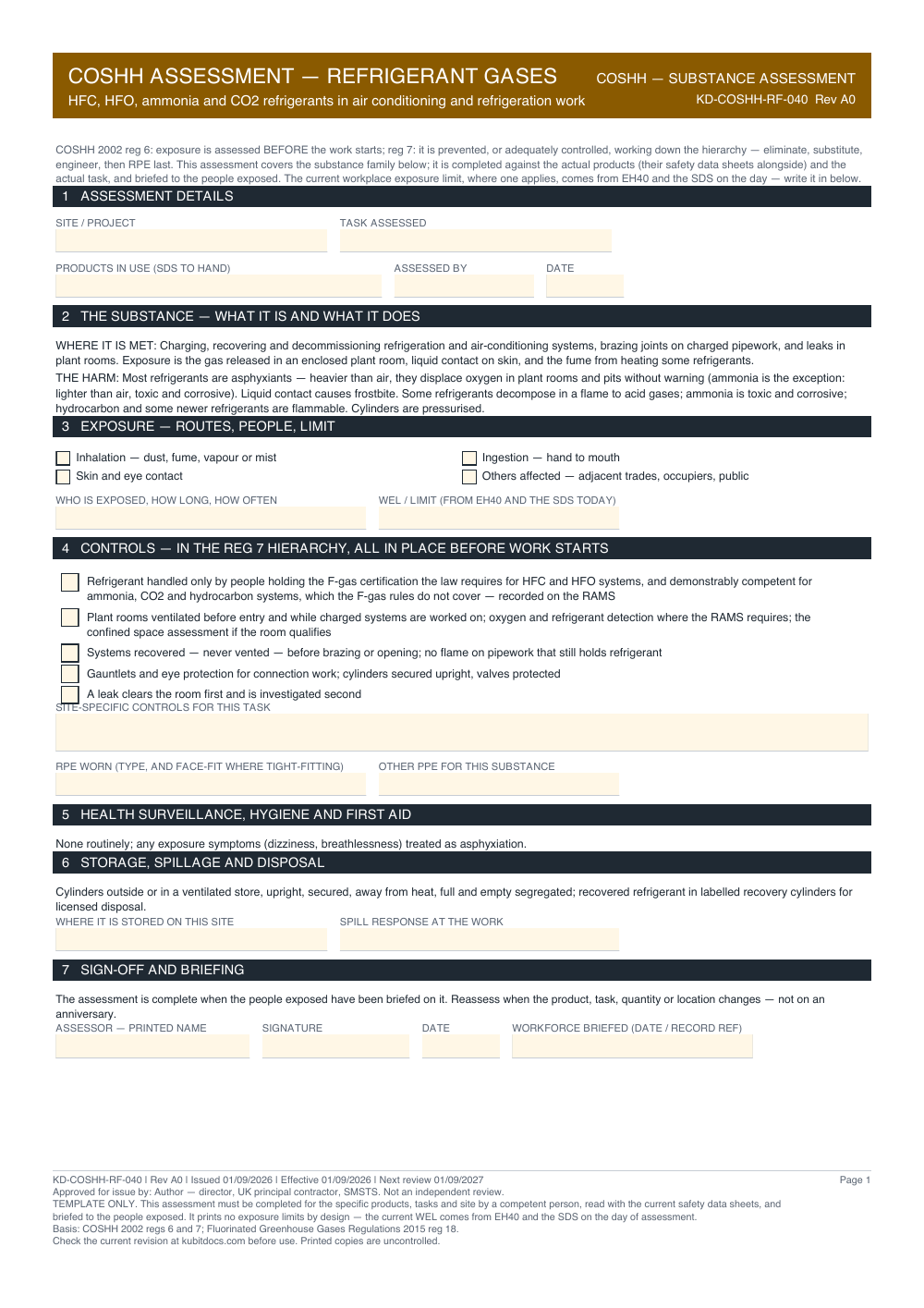COSHH Assessment — Refrigerant Gases — page one