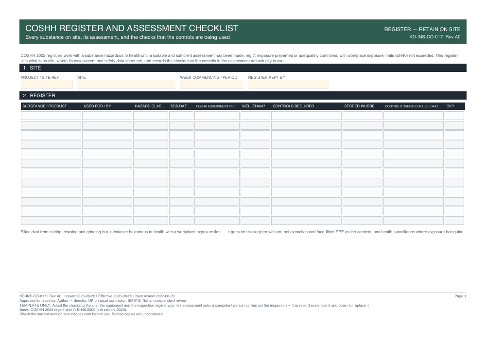 COSHH Register and Assessment Checklist — page one