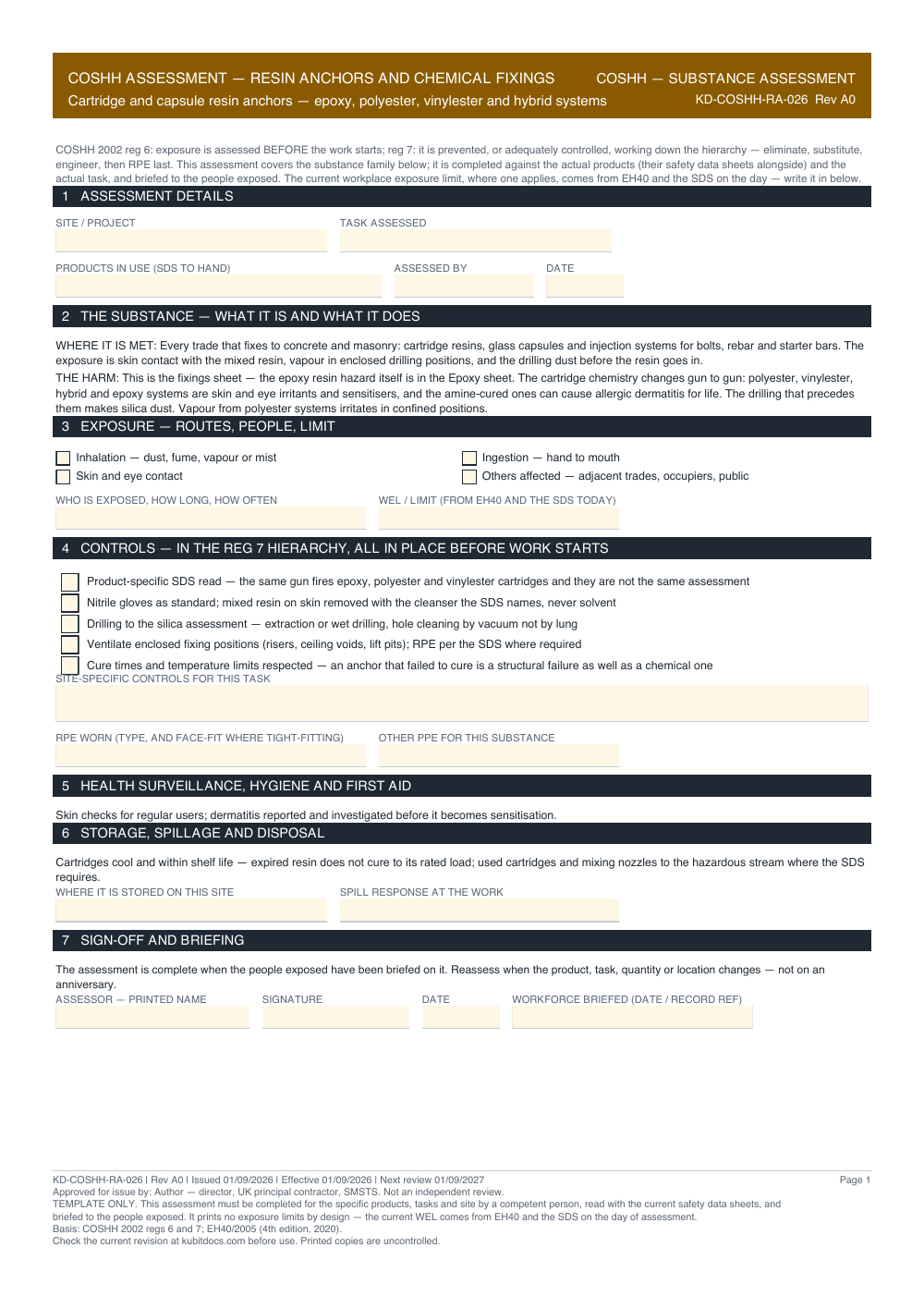 COSHH Assessment — Resin Anchors and Chemical Fixings — page one