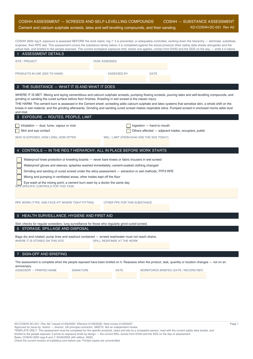 COSHH Assessment — Screeds and Self-Levelling Compounds — page one