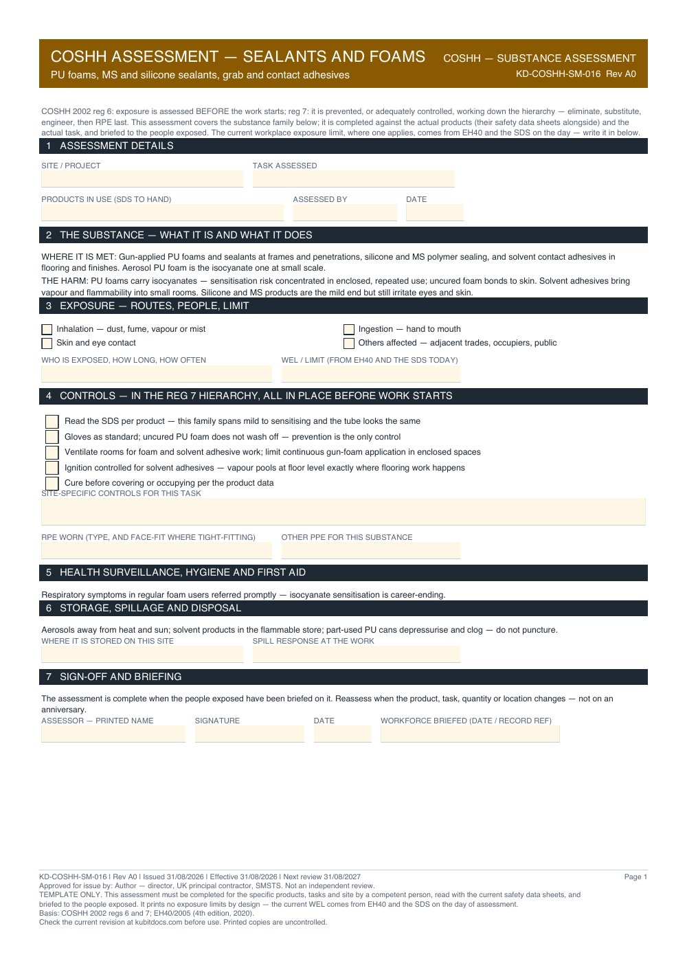 COSHH Assessment — Sealants and Foams — page one