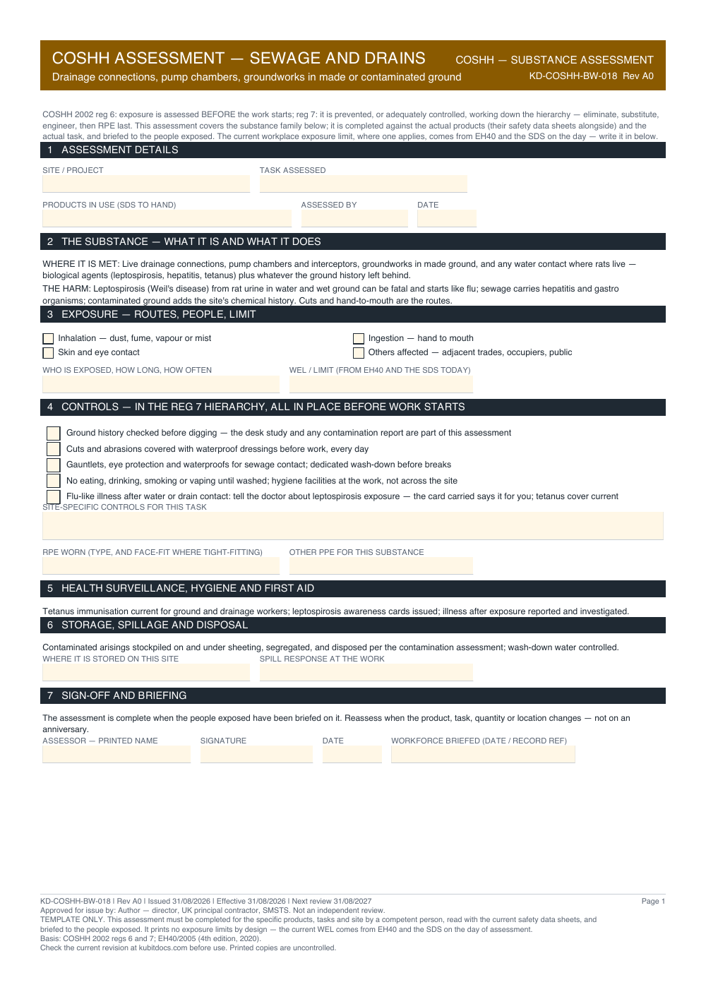 COSHH Assessment — Sewage and Drains — page one