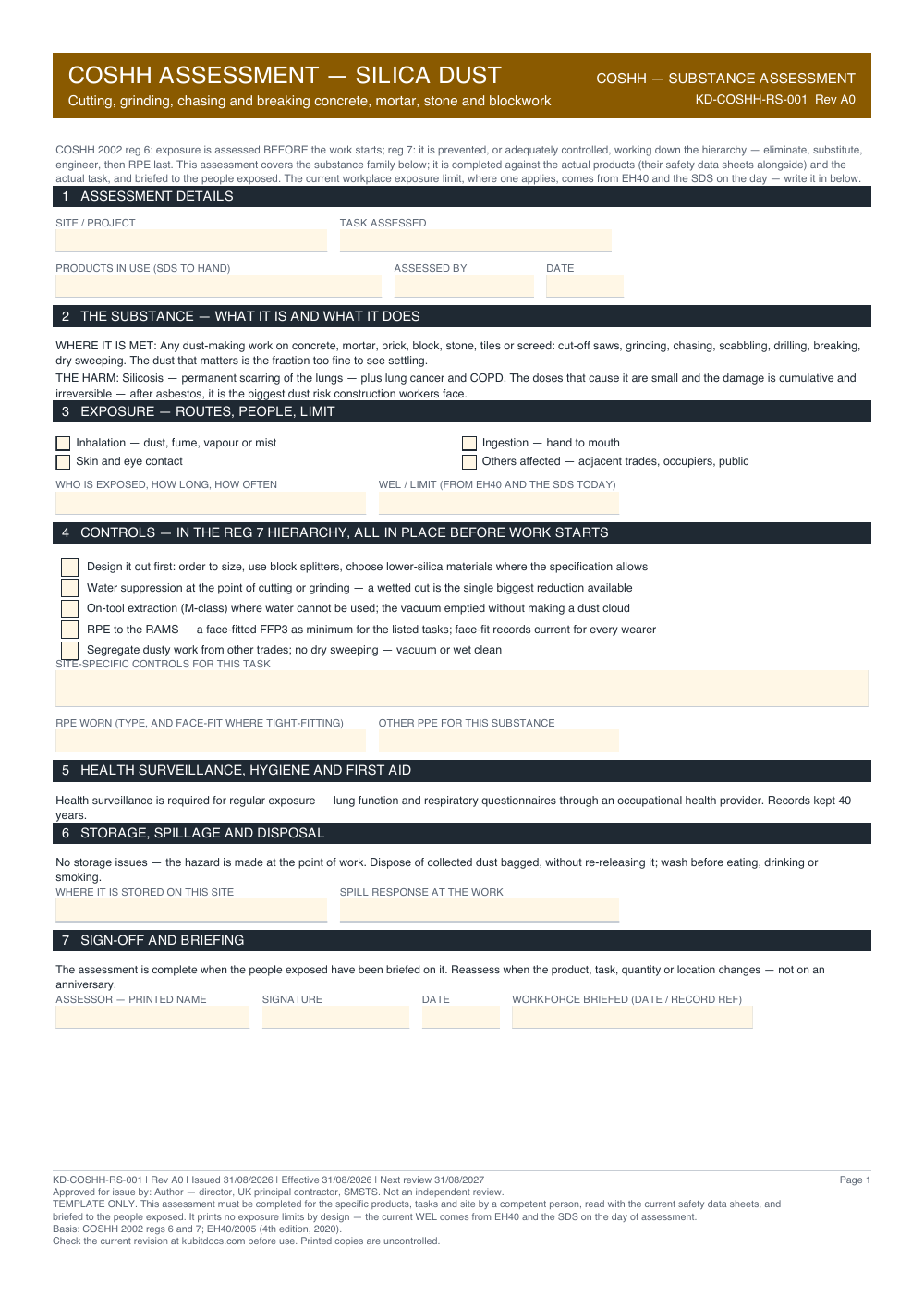 COSHH Assessment — Silica Dust — page one