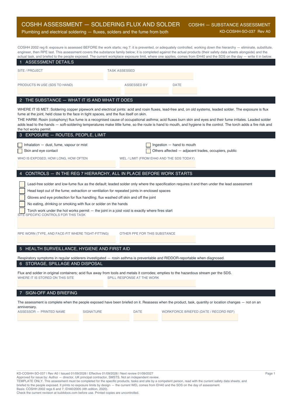 COSHH Assessment — Soldering Flux and Solder — page one