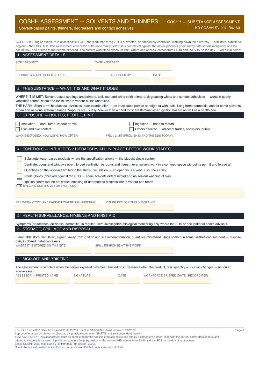 COSHH Assessment — Solvents and Thinners — page one