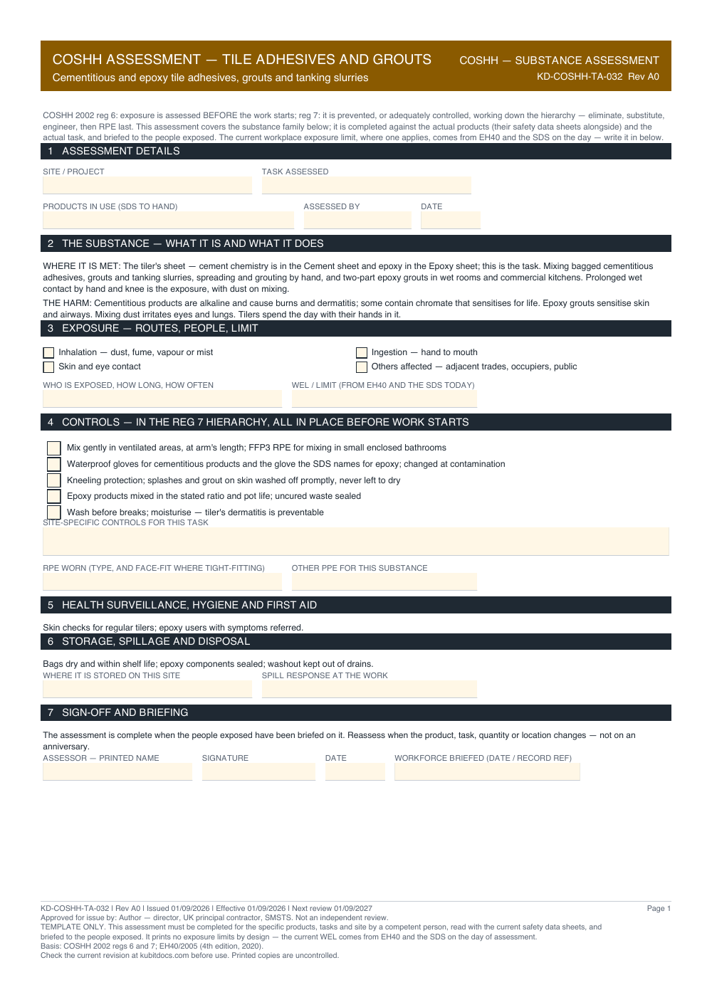 COSHH Assessment — Tile Adhesives and Grouts — page one