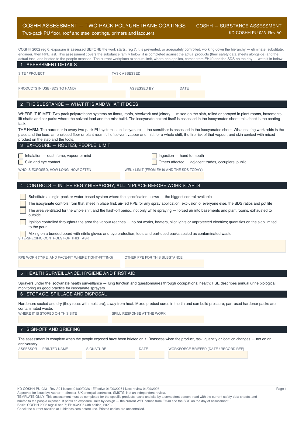 COSHH Assessment — Two-Pack Polyurethane Coatings — page one