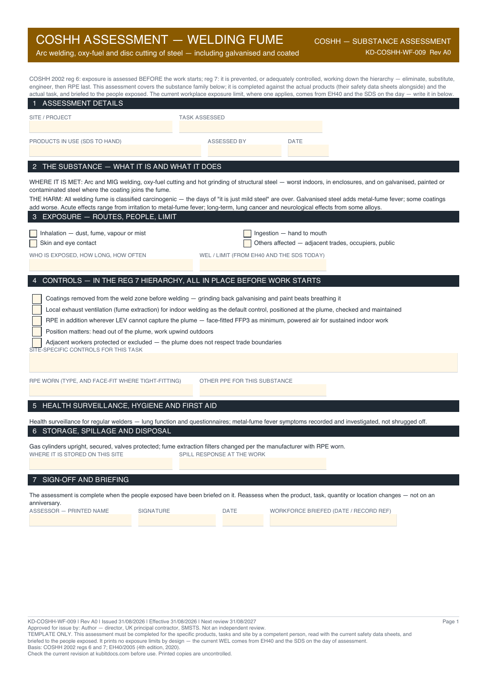 COSHH Assessment — Welding Fume — page one