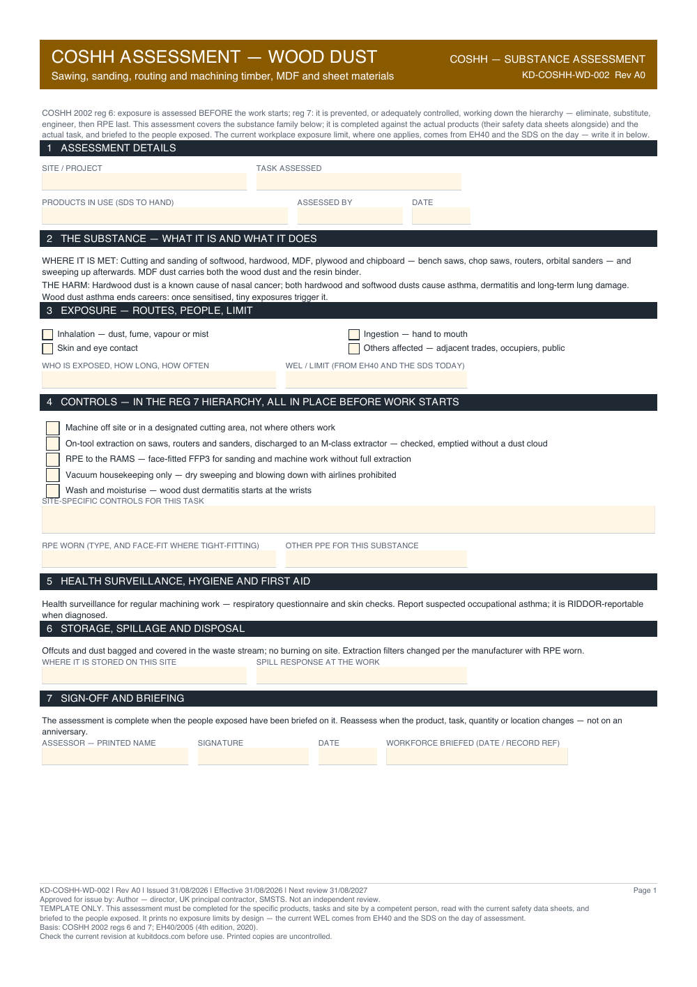 COSHH Assessment — Wood Dust — page one