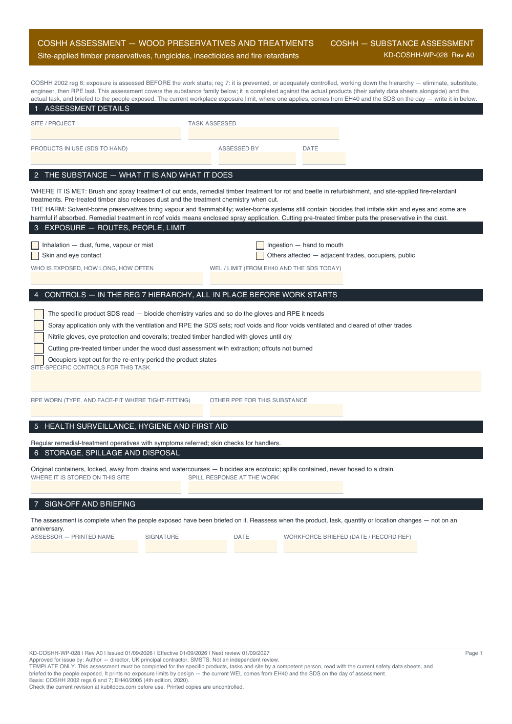 COSHH Assessment — Wood Preservatives and Treatments — page one