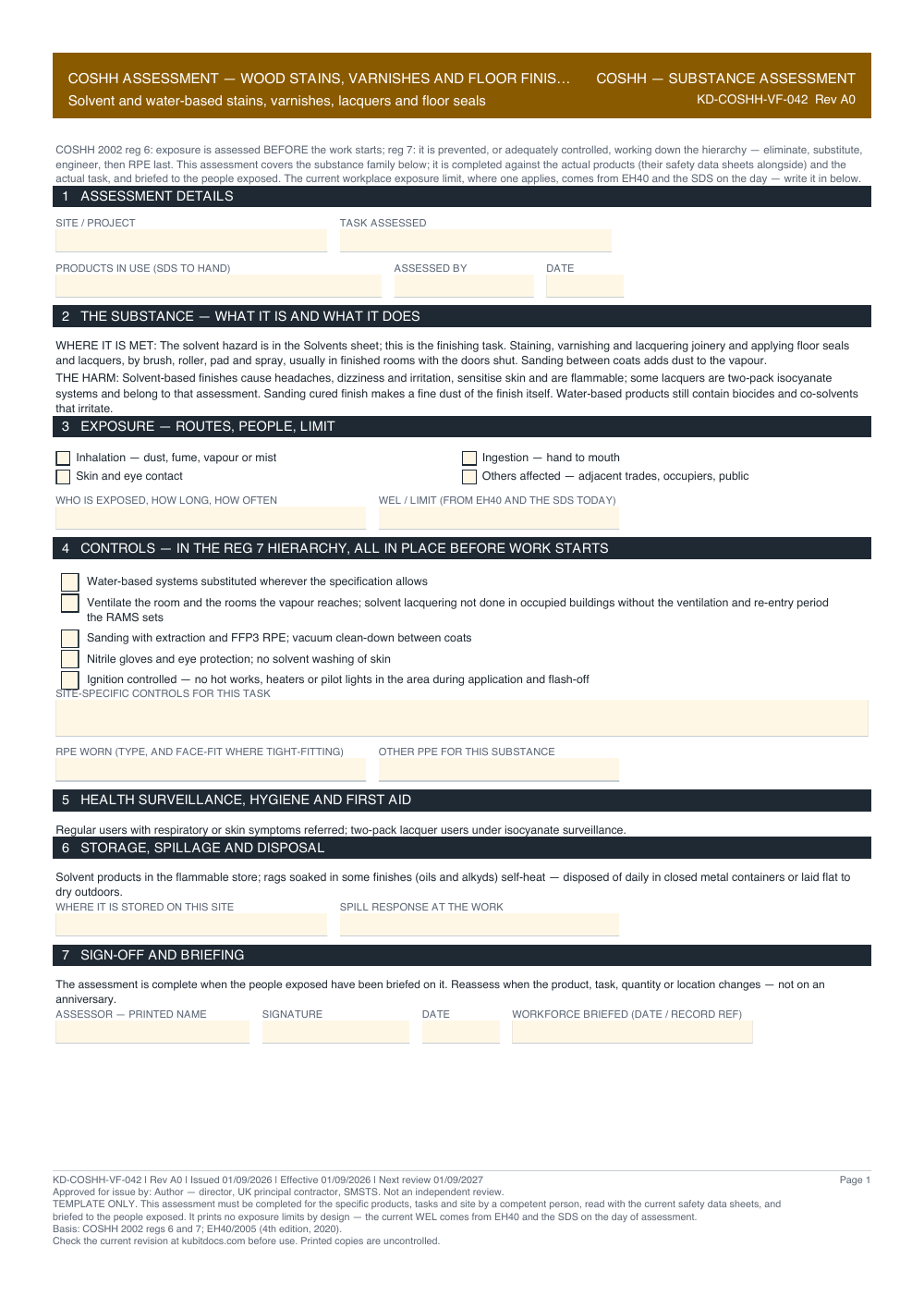 COSHH Assessment — Wood Stains, Varnishes and Floor Finishes — page one