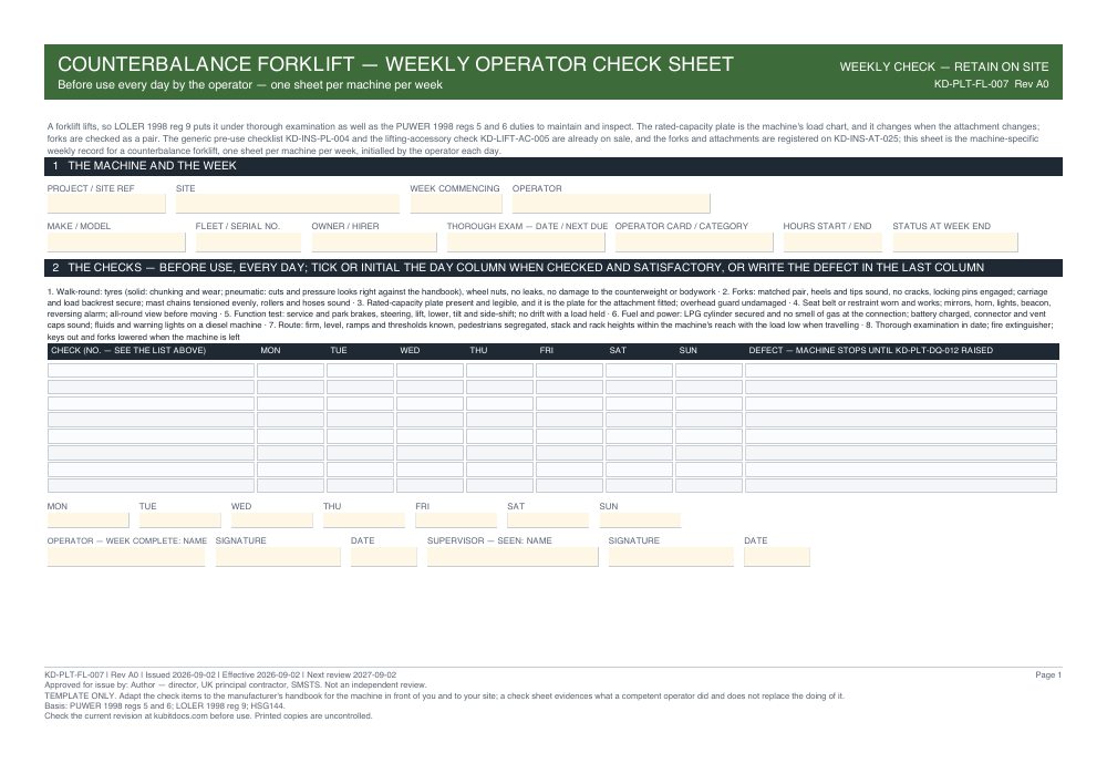 Counterbalance Forklift — Weekly Operator Check Sheet — page one