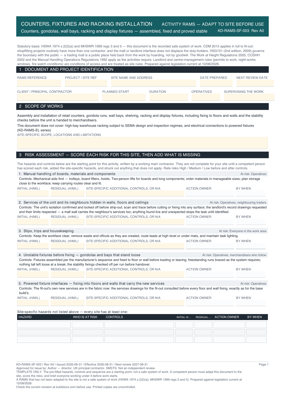 Counters, Fixtures and Racking Installation — page one