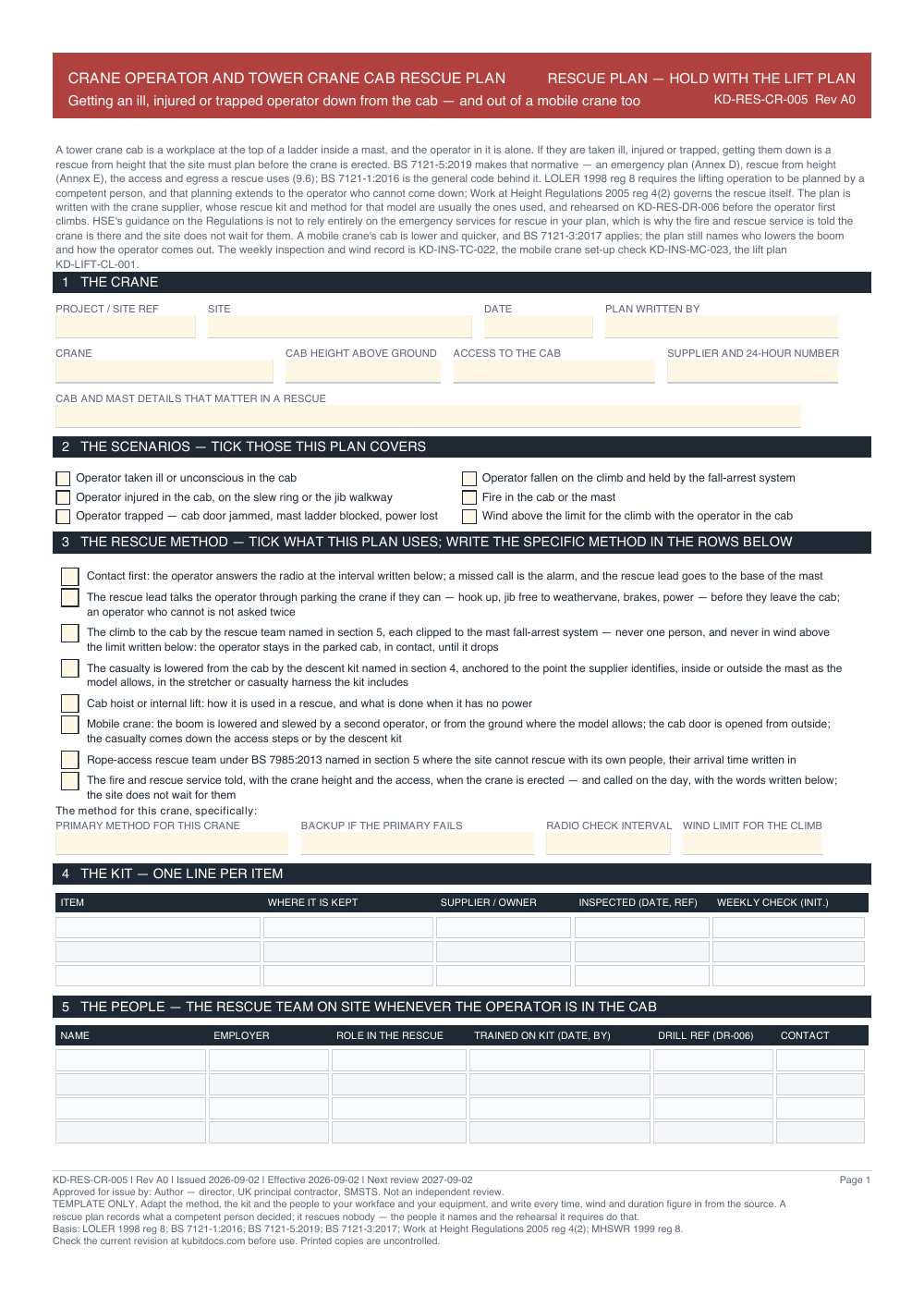 Crane Operator and Tower Crane Cab Rescue Plan — page one