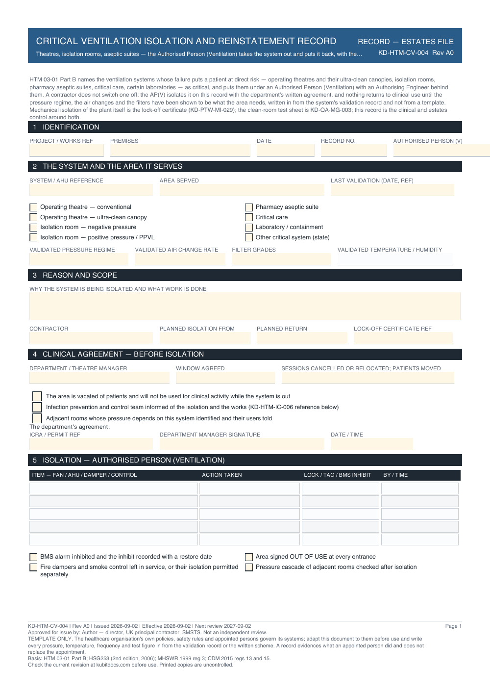 Critical Ventilation Isolation and Reinstatement Record — page one
