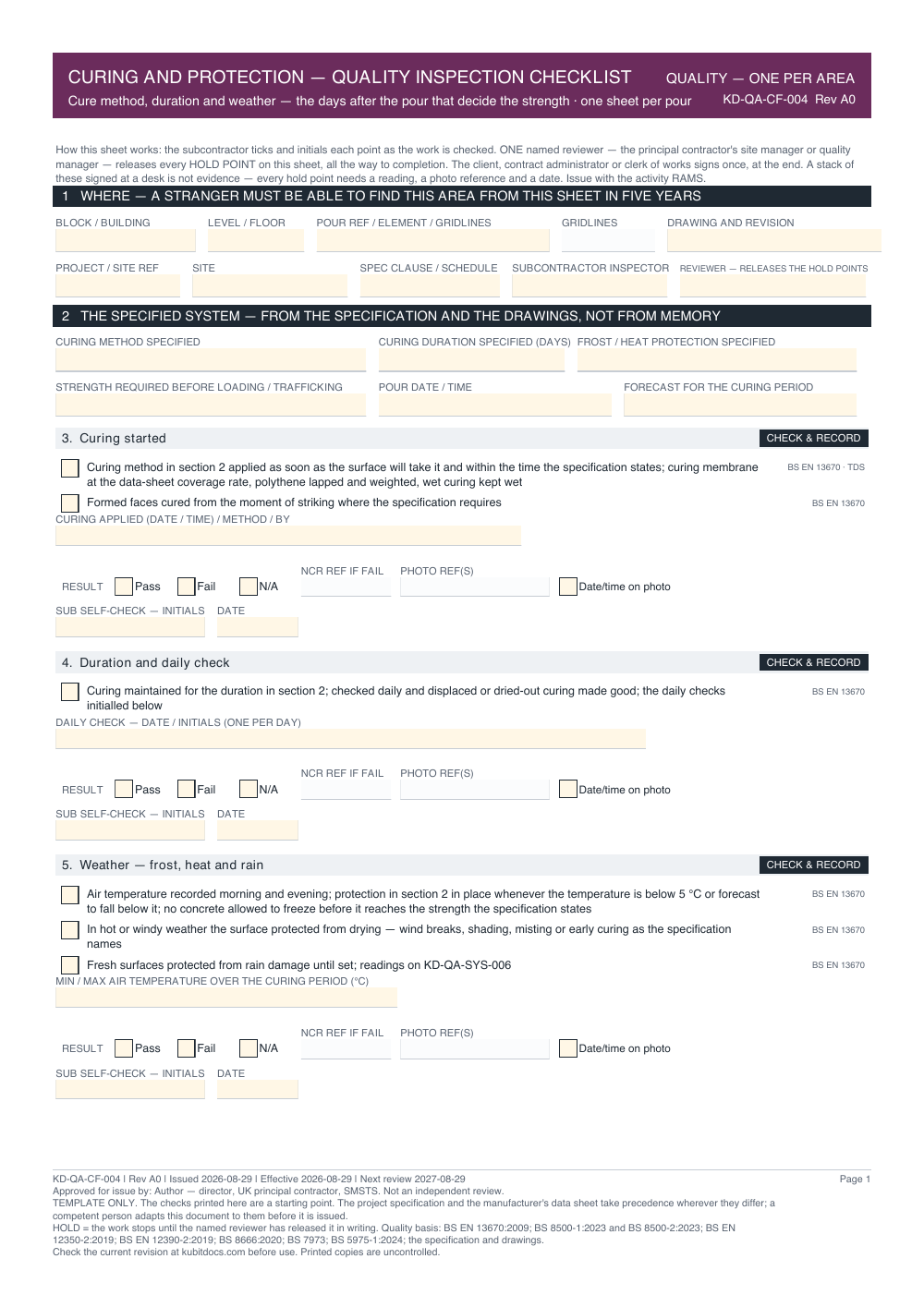 Curing and Protection — Quality Inspection Checklist — page one