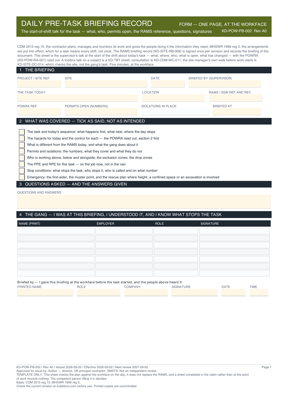 Daily Pre-Task Briefing Record — page one