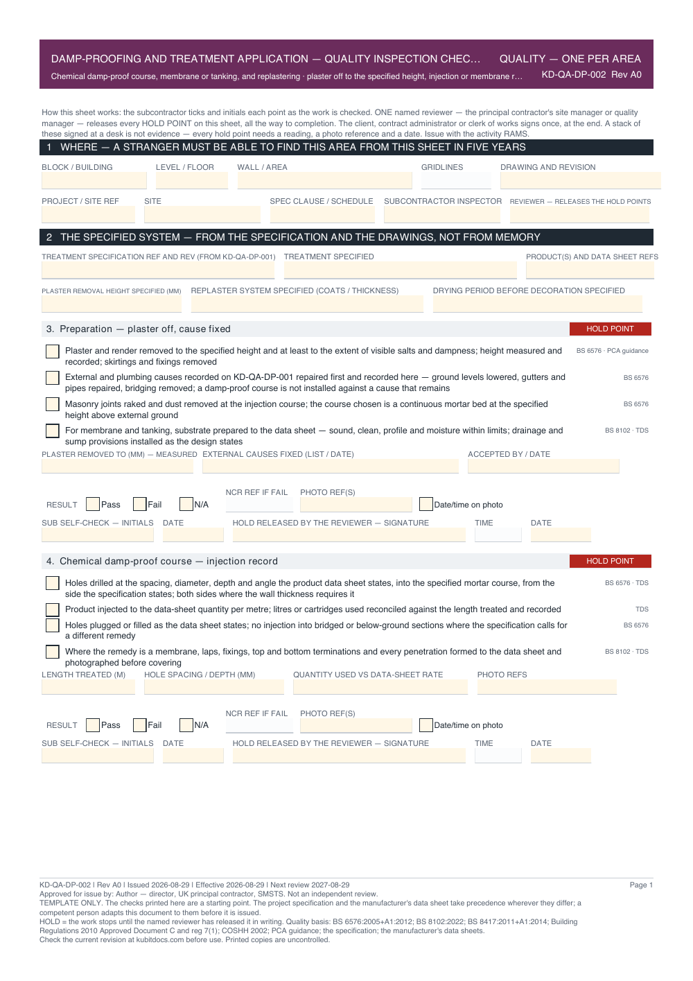 Damp-Proofing and Treatment Application — Quality Inspection Checklist — page one
