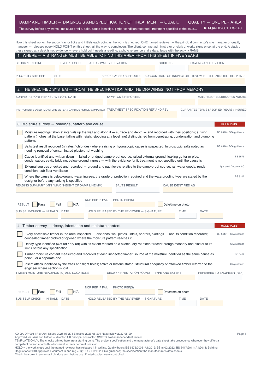 Damp and Timber — Diagnosis and Specification of Treatment — Quality Inspection Checklist — page one