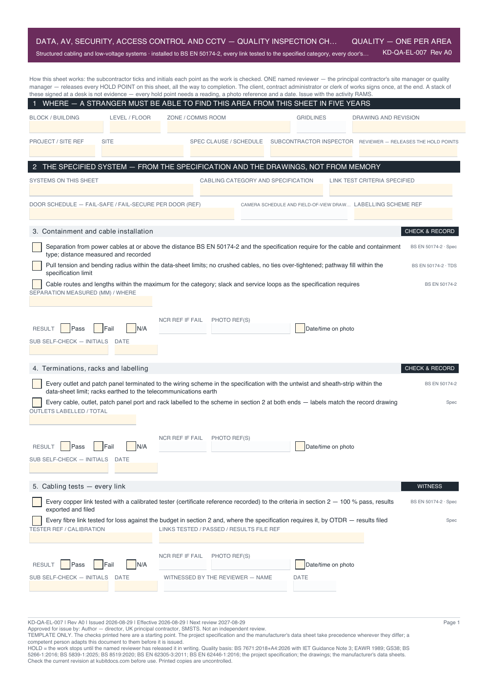 Data, AV, Security, Access Control and CCTV — Quality Inspection Checklist — page one
