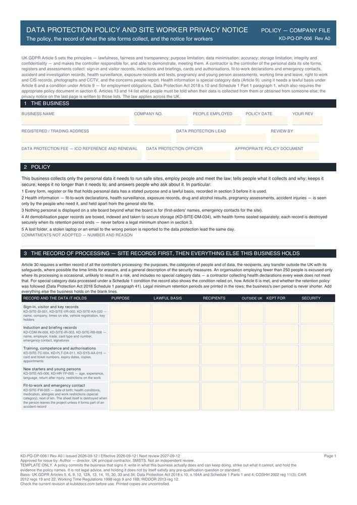 Data Protection Policy and Site Worker Privacy Notice — page one