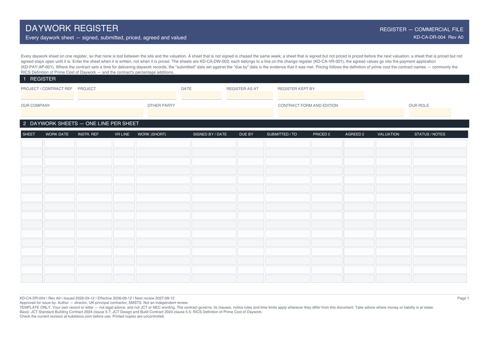 Daywork Register — page one