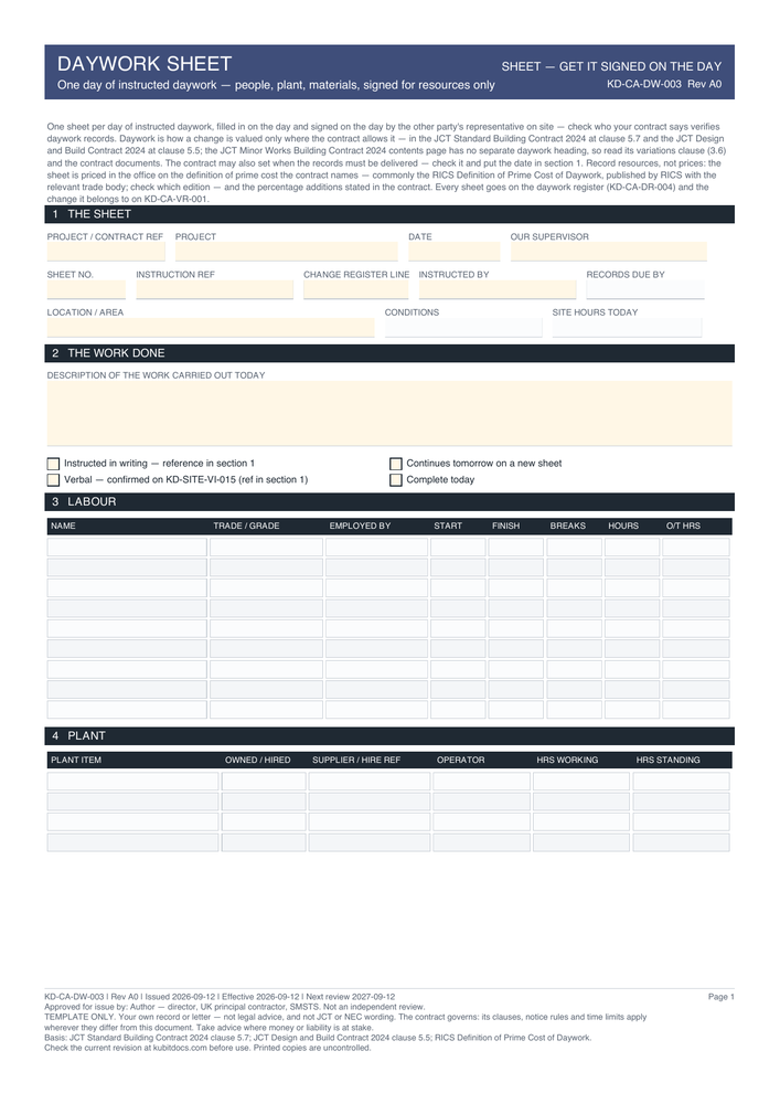 Daywork Sheet — page one