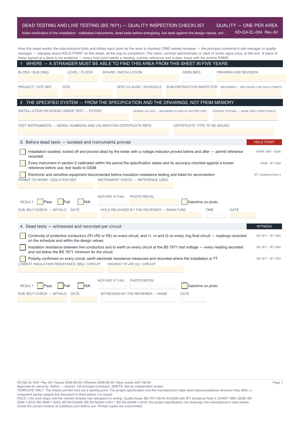Dead Testing and Live Testing (BS 7671) — Quality Inspection Checklist — page one