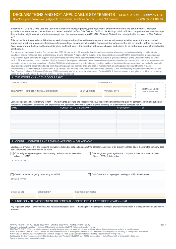 Declarations and Not-Applicable Statements — page one