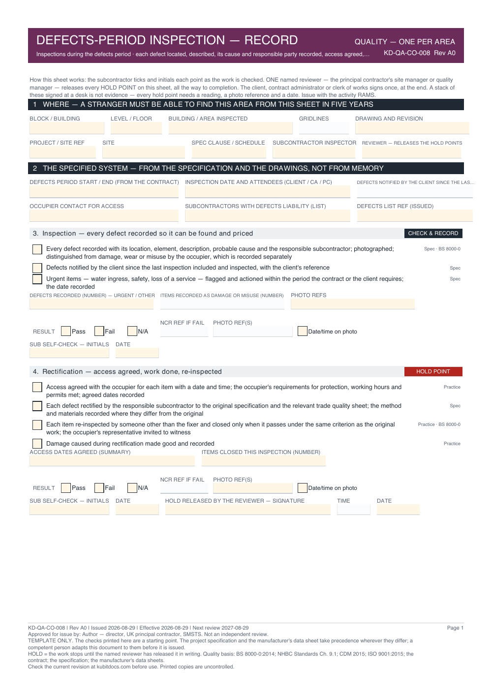 Defects-Period Inspection — Record — page one