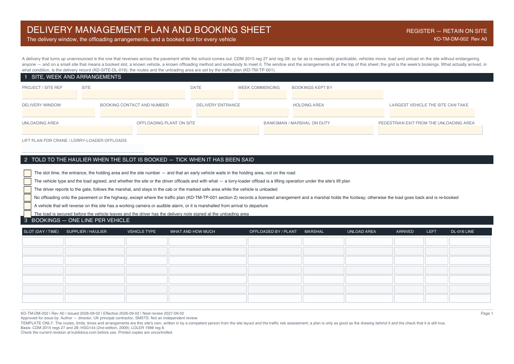 Delivery Management Plan and Booking Sheet — page one