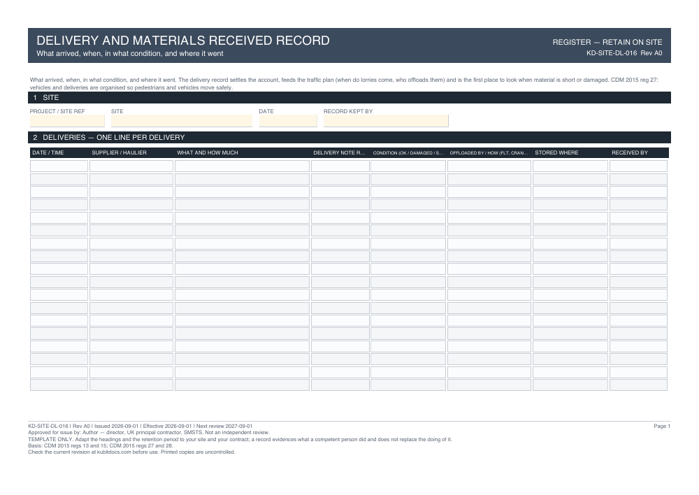 Delivery and Materials Received Record — page one