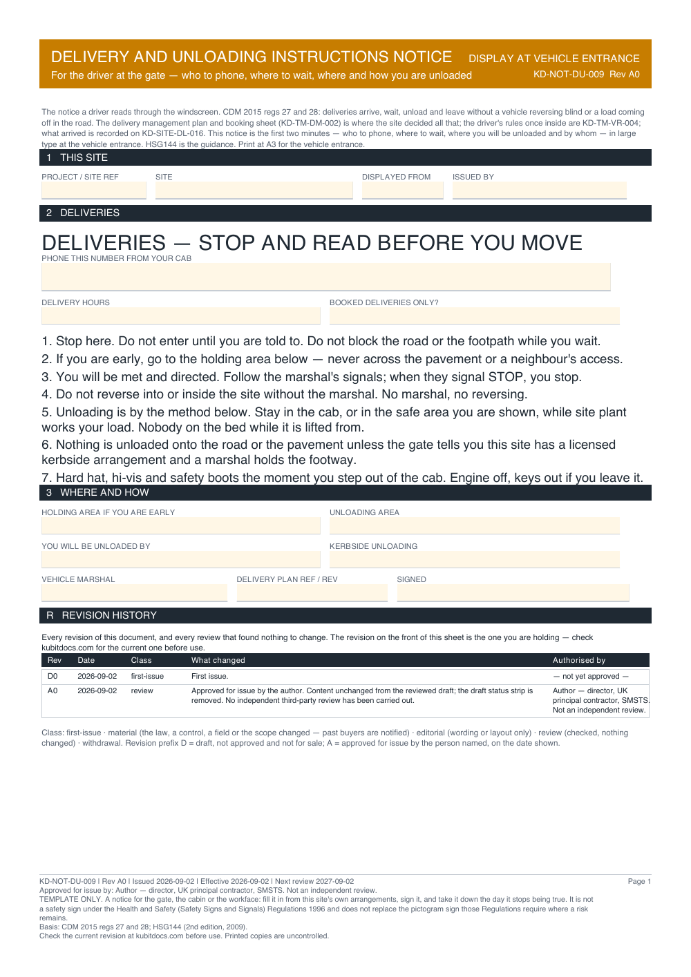 Delivery and Unloading Instructions Notice — page one